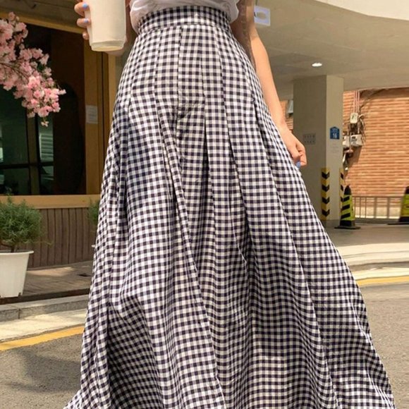 . Dresses & Skirts - Multicolor Boho Womens Gingham Print Fold Pleated Detail Flare Skirt